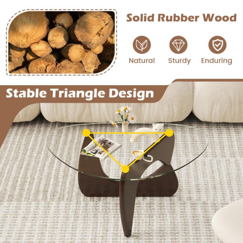 Hivvago Triangle Coffee Table with Tempered Glass Top and Adjustable Rubber Wood Base
