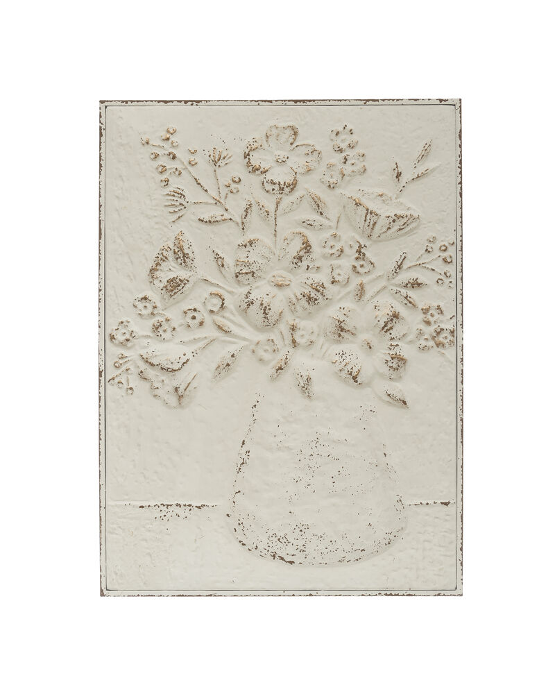 Embossed Metal Wall Art with Flowers in Vase, Distressed White and Gold image number 0