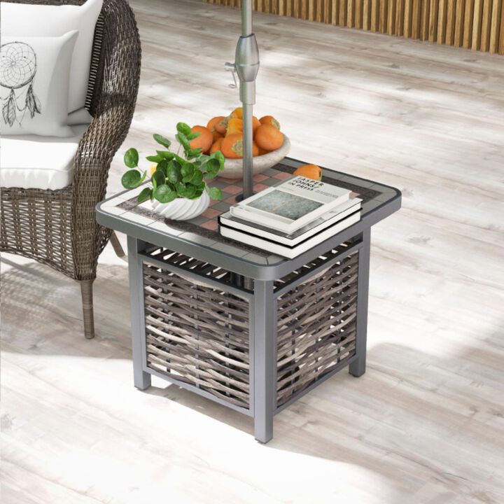Hivvago 21.5 Inches Outdoor PE Rattan Side Table Square End Table with Umbrella Hole
