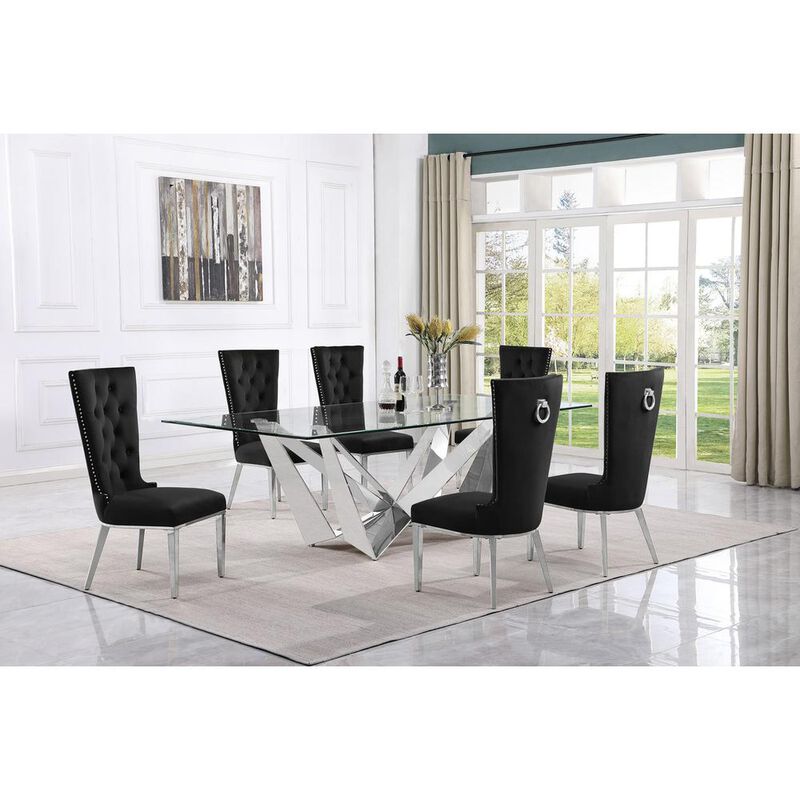 7pc Large(94") glass top dining set with silver base and 6 Black side chairs