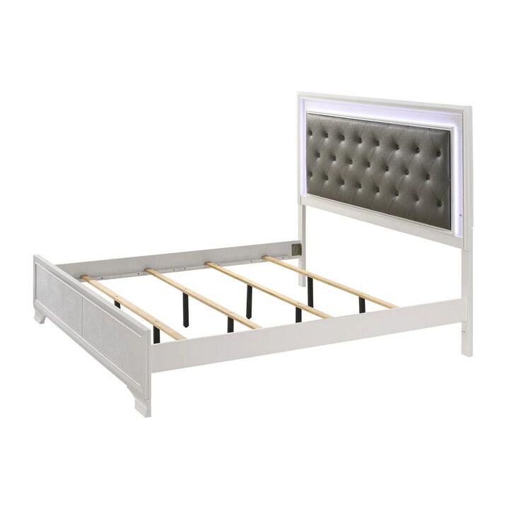 Benjara Lise King Size Bed, Fabric Upholstery, LED Lit, Modern Wood, White and Gray