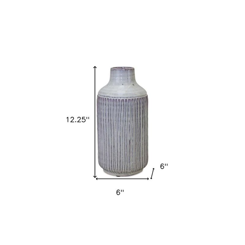 Hivvago 12 Inch White and Brown Ribbed Cylinder Terracotta Table Vase