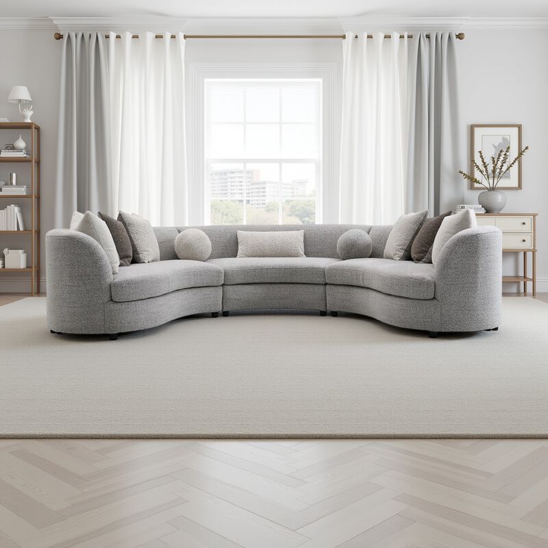 Kei 3pc Sectional Sofa, 9 Pillows, Curved Frame, Gray Boucle Fabric - Benzara