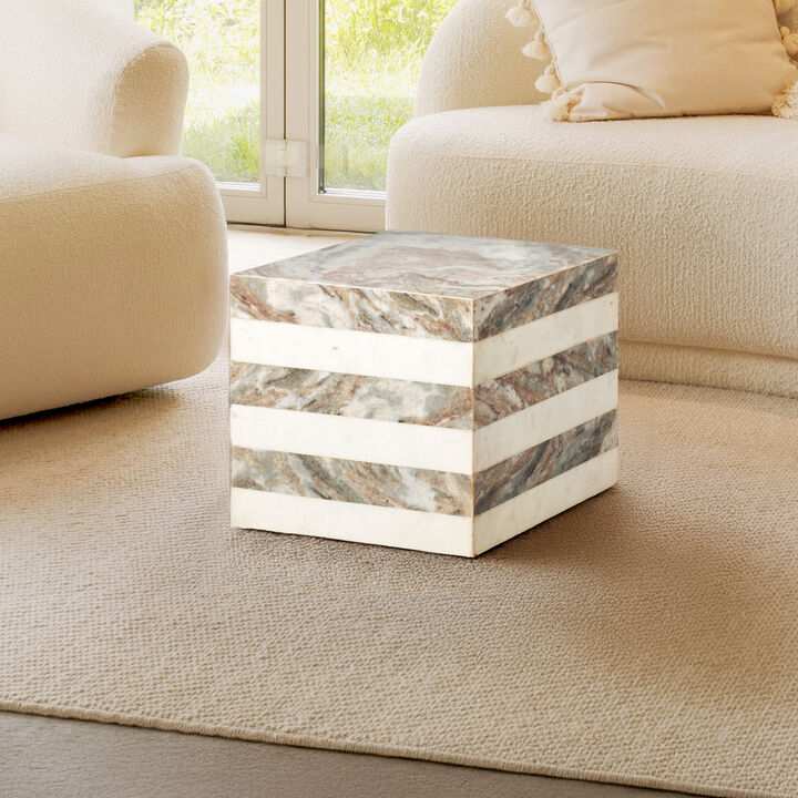Felix 15.5" Contemporary Natural Marble Handmade Cube End Table