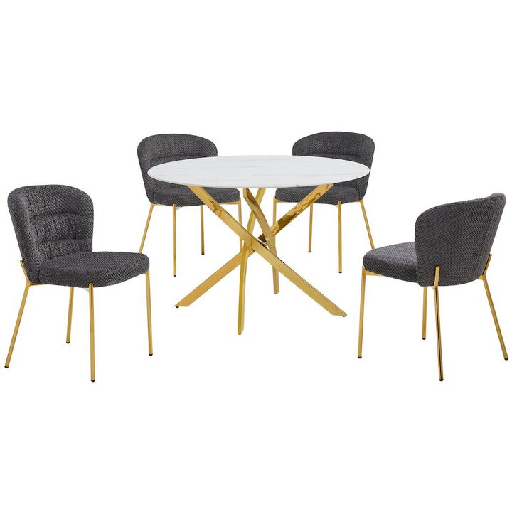 Best Quality Furniture Round White Marble Wrap Glass Ding Table With 4 Dark Grey Side Chairs