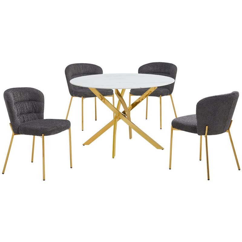 Best Quality Furniture Round White Marble Wrap Glass Ding Table With 4 Dark Grey Side Chairs