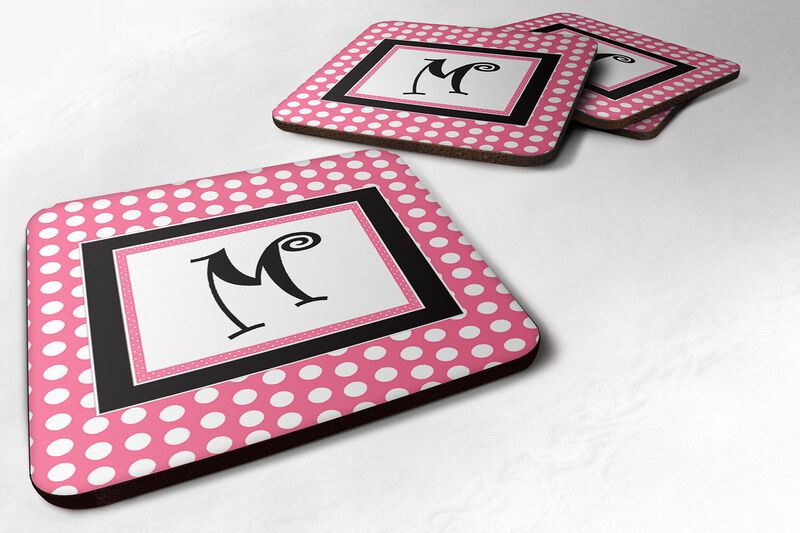 Caroline's Treasures CJ1001-MFC Monogram-Pink Black Polka Dots Foam Coasters (Set of 4), Initial Letter M, 3.5 H x 3.5 W, Multicolor