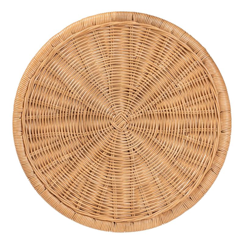 bali & pari Caroline Round Natural Rattan End Table &ndash; Handwoven Wicker Drum Shape Accent Table for Living Room or Sunroom, Light Honey.