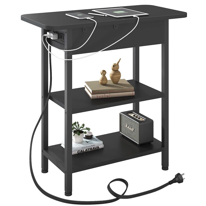 LIDYUK End Table with Charging Station, Flip Top Side Table with USB Ports and Outlets, Nightstand for Small Spaces, Bedside Tab