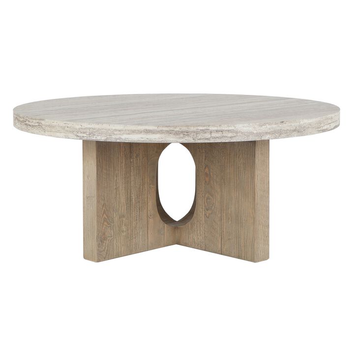Tab 42 Inch Coffee Table, White Round Top, Tripod Base, Concrete, Pine Wood - Benzara