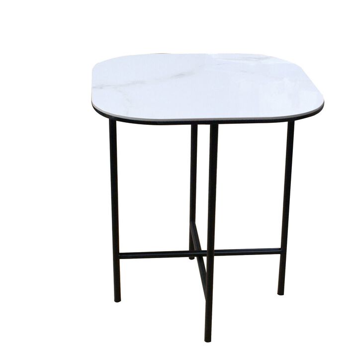 End Table with Ceramic Top and Metal Frame, White and Black-Benzara