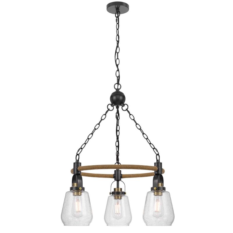 3 Light Chandelier, Rope Accents, Bubble Glass Bulbs, Black Metal 28 Inch image number 2
