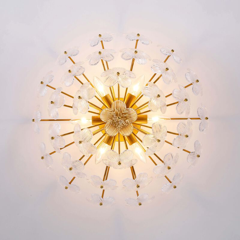 Rosa Modern 6-Light 22.4" Glam Ribbed Glass Flower Chandelier - Low-gloss Brushed Brass Finish image number 6