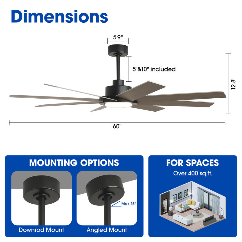 60 in. Matte Black Windmill Integrated LED Dimmable Ceiling Fan with Light and Remote