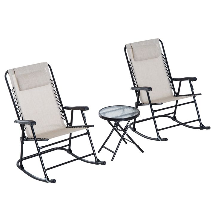 3 Piece Outdoor Rocking Bistro Set, Patio Folding Chair Table Set with Glass Coffee Table for Yard, Patio, Deck, Backyard, Cream White
