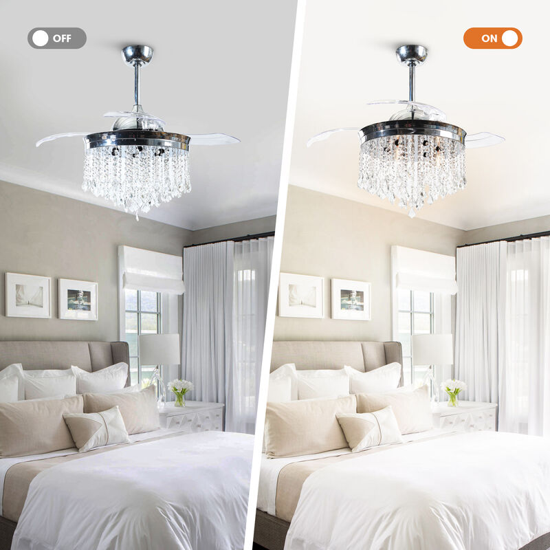 42" Modern Chrome Crystal Ceiling Fan Chandelier with Remote