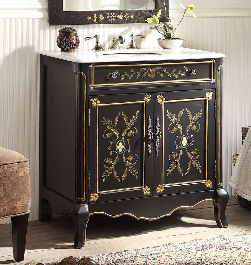 32 Inch Black Hand-Painted Floral Motif Decoroso Bathroom Vanity image number 4
