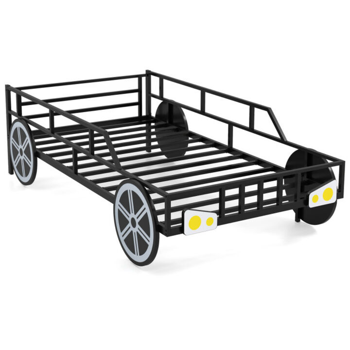 Car-Shaped Metal Bed Frame with Safety Guardrails, Fun Kids' Bed for Bedroom