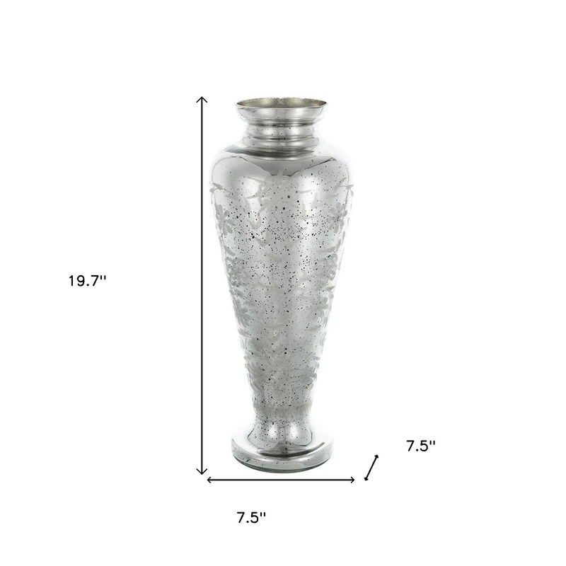 HomeRoots 20" Antiqued Silver Etched Floral Glass Round Table Vase image number 6