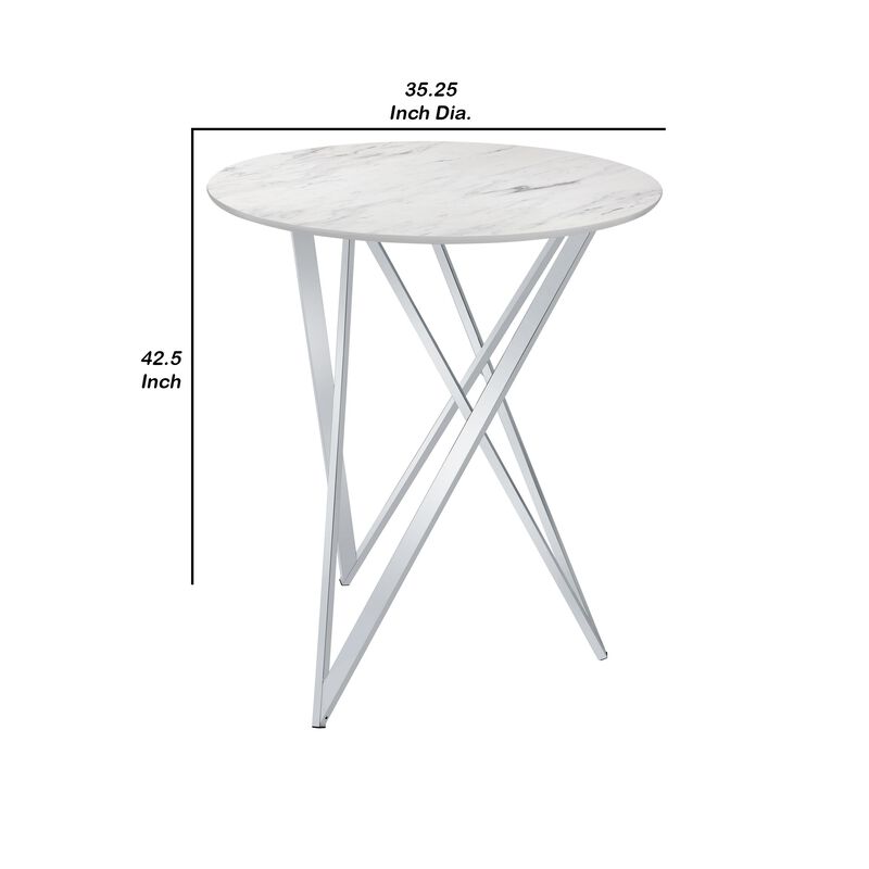 43 Inch Tall Bar Table, White Round Top, Art Deco Style Faux Marble Surface-Benzara image number 5