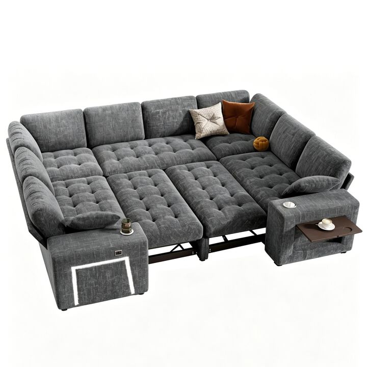 Vipbear 110" Modular Sectional Sleeper Sofa, 8-Seater Chenille U-Shaped Couch with Pull-Out Beds