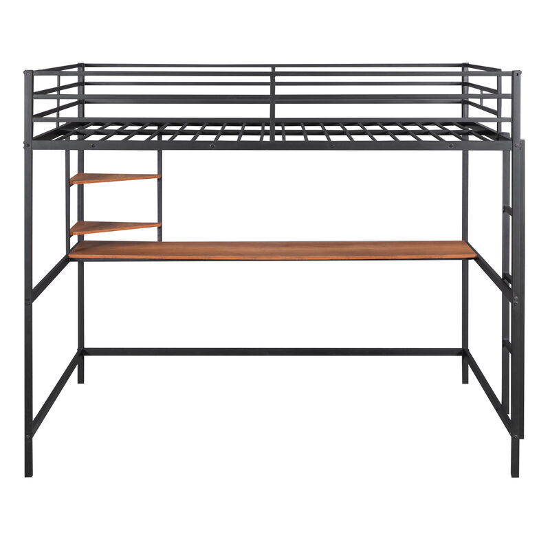 Whisen Full Metal Loft Bed with Desk and Shelve- Black 