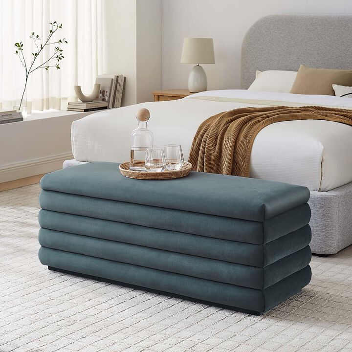 Modway Mezzo 46 Inch Performance Velvet Upholstered Storage Bench in Cadet Blue - Channel Tufted Ottoman for Bedroom, Entryway - Versatile Bed and Living Room Bench with Storage
