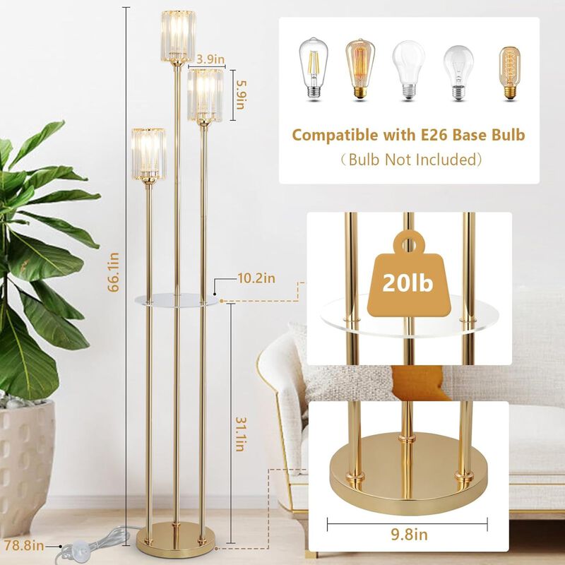 ELEMENT ACE Modern Mid-Century Floor Lamp with Built-In Storage Shelves, Crystal Shade, Stable Base, and Convenient Foot Switch Ideal for Living Room, Bedroom, Corner Spaces image number 4