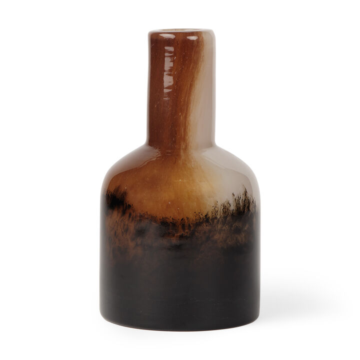 HomeRoots 9" Amber Cream And Dark Brown Abstract Tulip Glass Table Vase