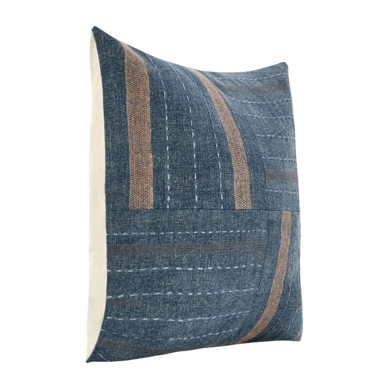 Rijo Throw Pillow, Square 22 Inch Hand Embroidery, Denim Blue Linen - Benzara