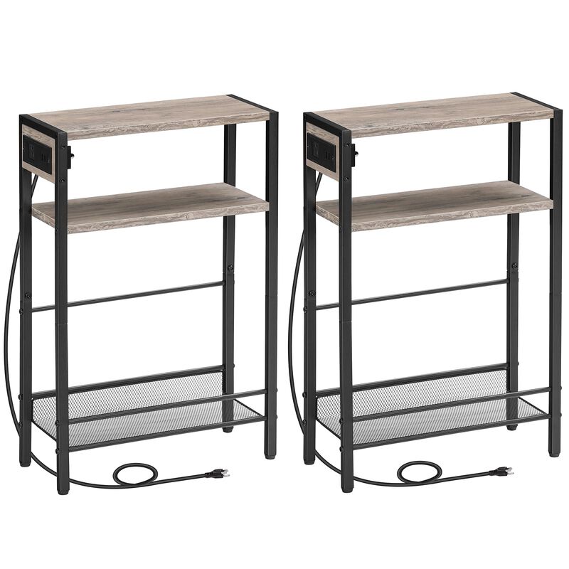 HOOBRO Small Narrow Side Table with Charging Station Set of 2, Skinny End Table for Small Spaces, Slim Nightstand with USB Ports