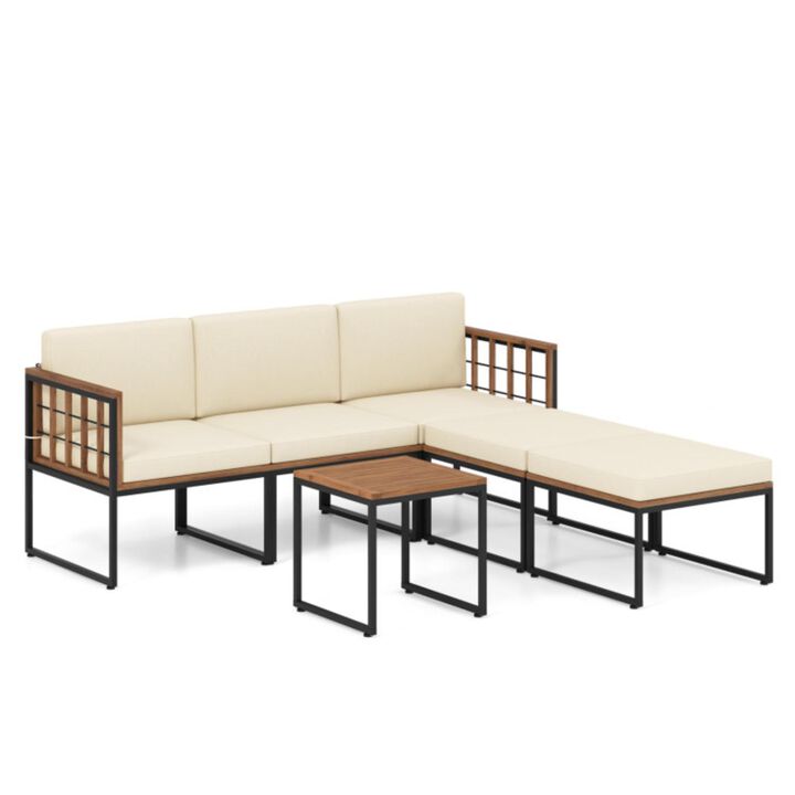 Hivvago 6 Pieces Acacia Wood Patio Furniture Set with Coffee Table and Ottomans