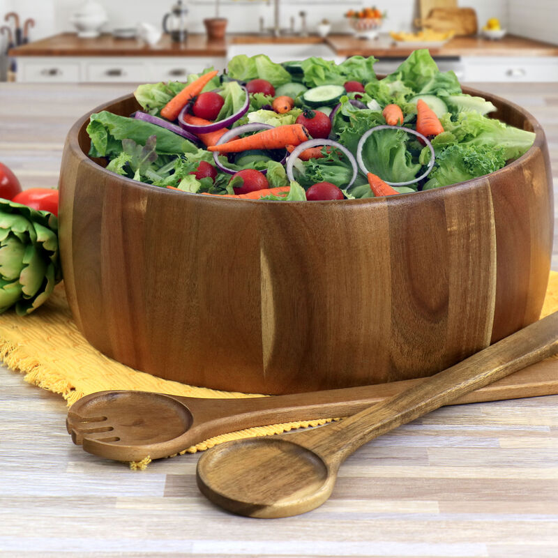 Gibson Elite 3 Piece Acacia Wood Salad Bowl and Spoon Set in Brown