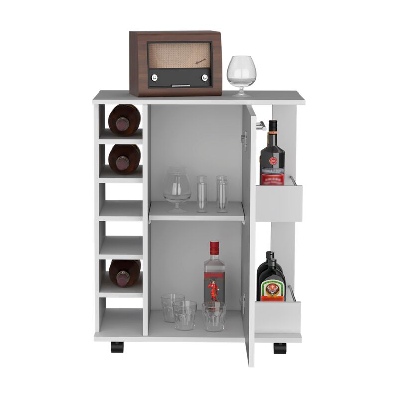 Lothian Bar Cart with Casters, 2-Side Storage Shelves and 6-Wine Bottle Rack -White