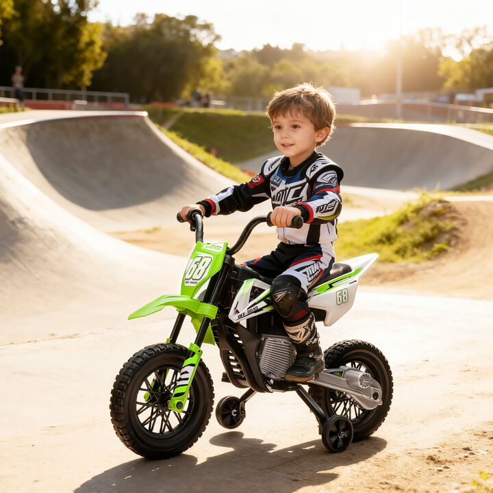 BreeBe 12V Kids Electric Motorcycle w/ Twist Grip Throttle, Training Wheels, Rear Suspension & Music