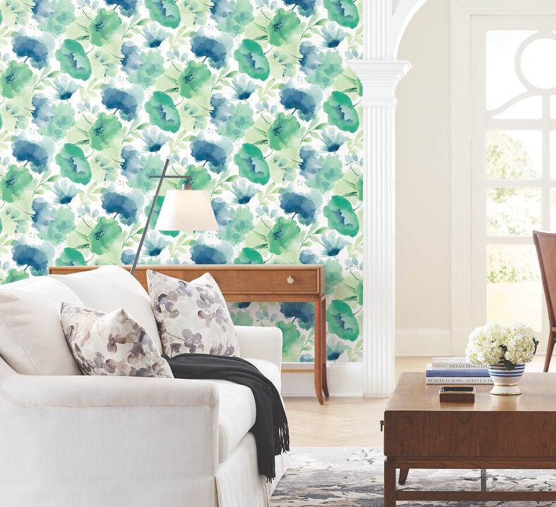 Watercolor Bouquet Blue & Green Wallpaper