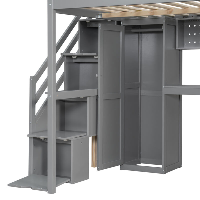 Whisen Full Loft Bed with Wardrobe Desk Shelves, Solid Wood Space-Saving for Bedroom Kids image number 6