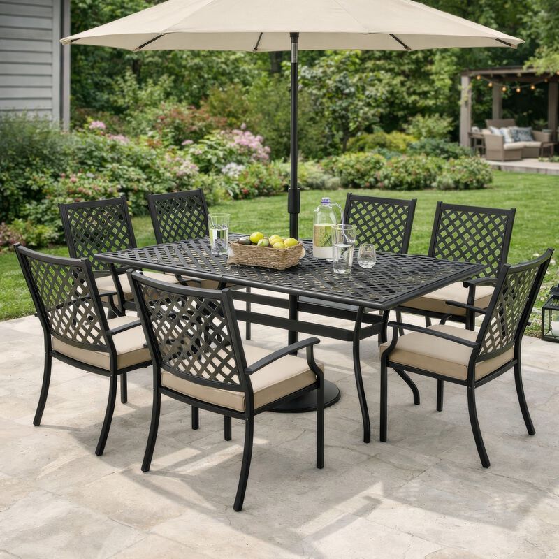 Cay Outdoor Dining Table, 67 Inch Rectangular, Lattice Black Aluminium - Benzara