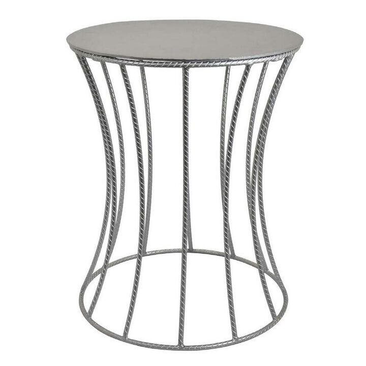 Ema 21 Inch Plant Stand, Round Top, Slatted Geometric Frame, Silver Finish - Benzara