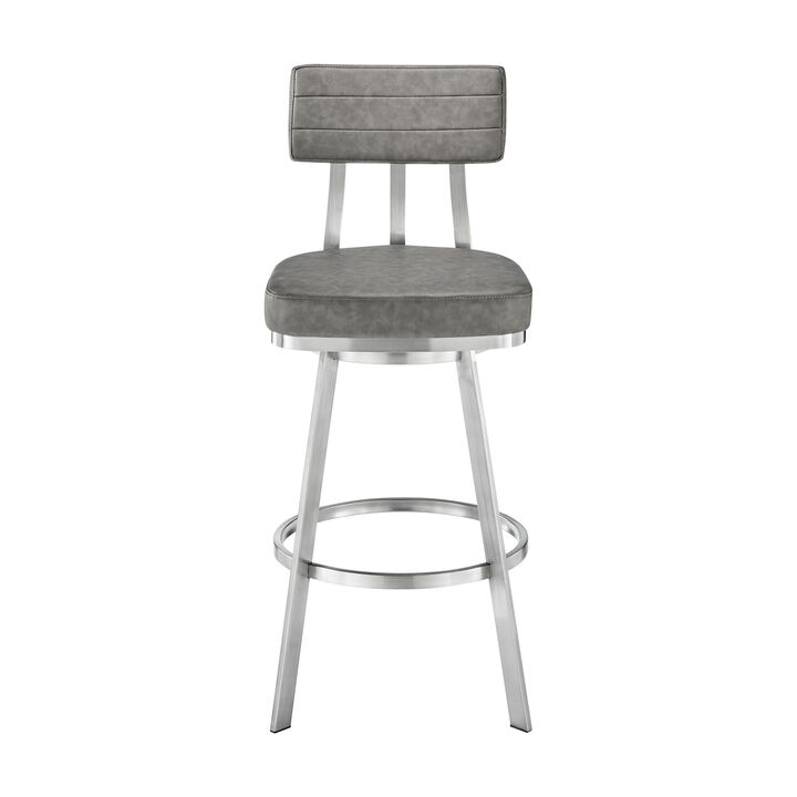 Poni 30 Inch Swivel Barstool Chair, Cushioned Seating, Gray Faux Leather - Benzara