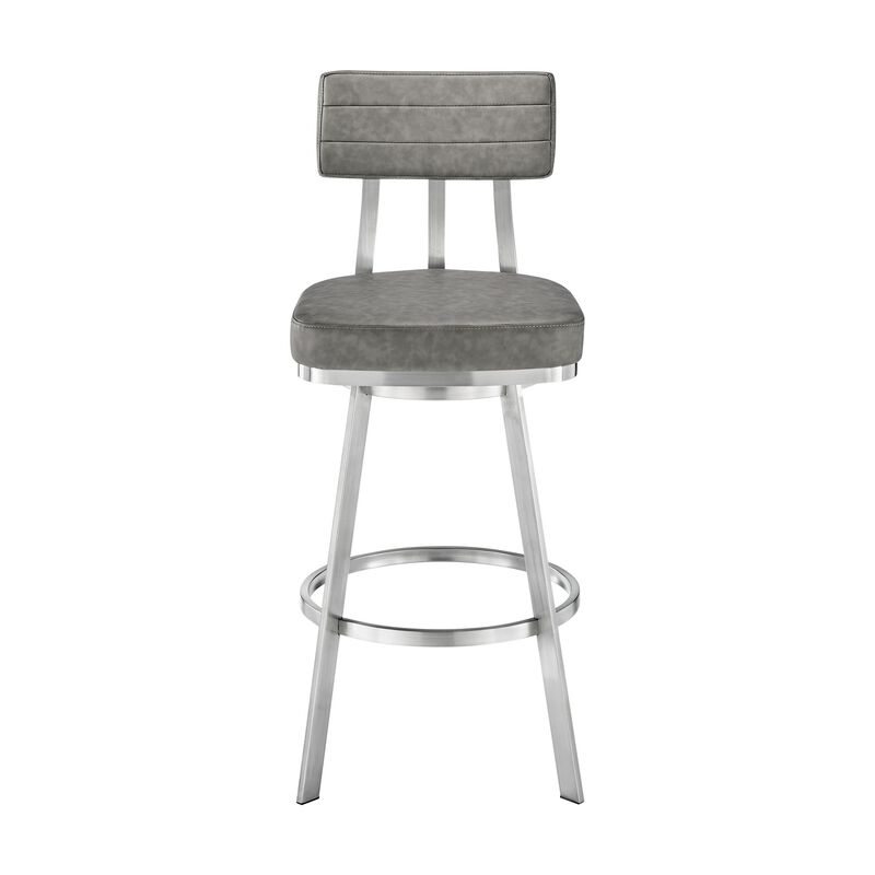 Poni 30 Inch Swivel Barstool Chair, Cushioned Seating, Gray Faux Leather - Benzara