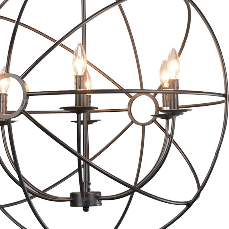 6 Light Fixture Orb Shape Metal Frame Chandelier, Black - Benzara