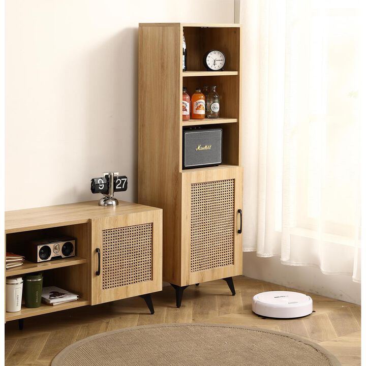 Natural Rattan Mesh Side Cabinet - Large Storage Space for Living Room or Restaurant.56 inch burlywood