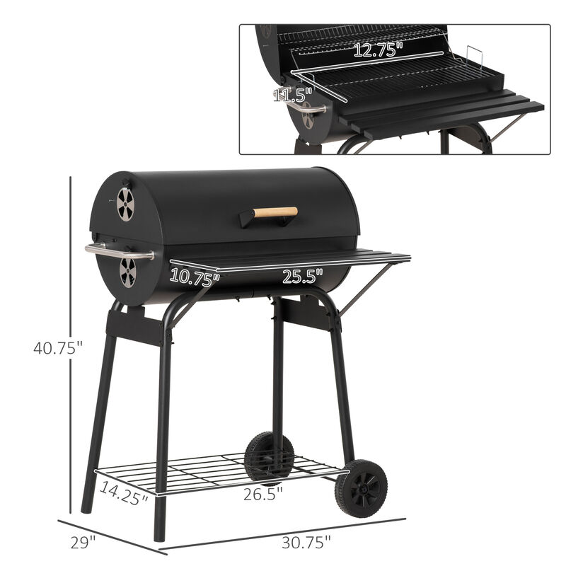 Outsunny 30" Portable Barrel Charcoal BBQ Grill, Steel Outdoor Barbecue Smoker with Storage Shelf, Wheels for Garden Camping Picnic, Black