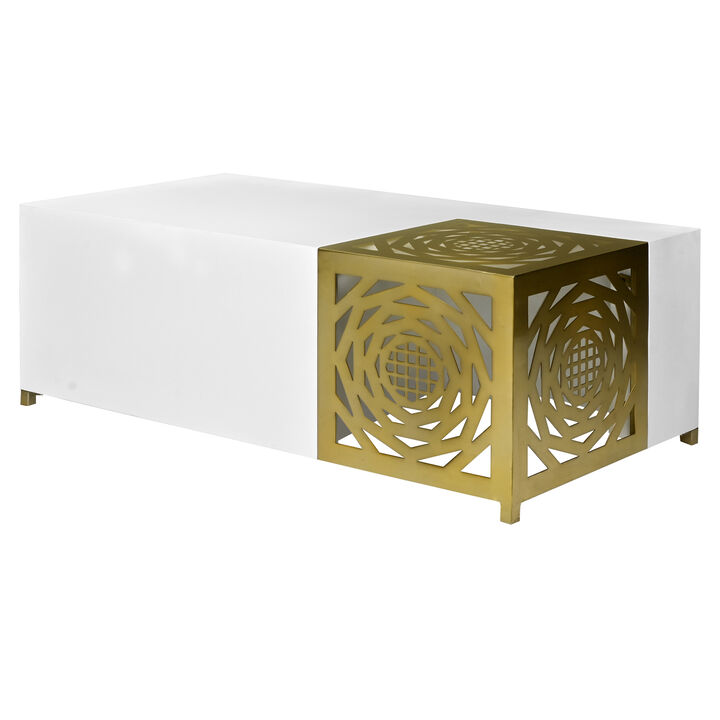 48 Inch Rectangular Modern Coffee Table with Geometric Cut Out Design, White and Brass-Benzara