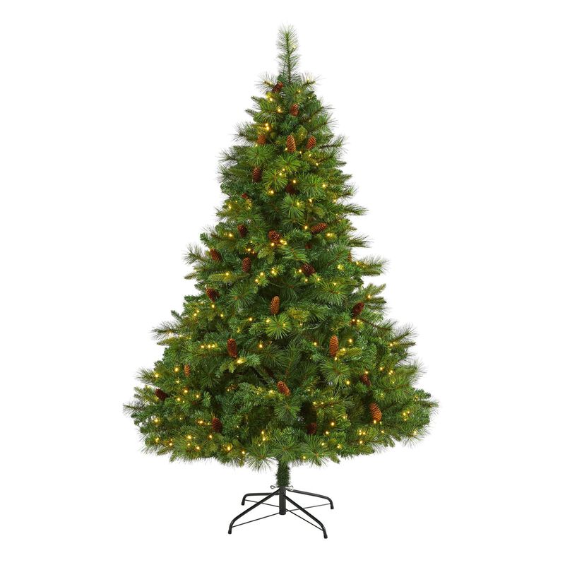 Nearly Natural West Virginia Full Bodied Mixed Pine Artificial Christmas Tree with Clear LED Lights and Pine Cones