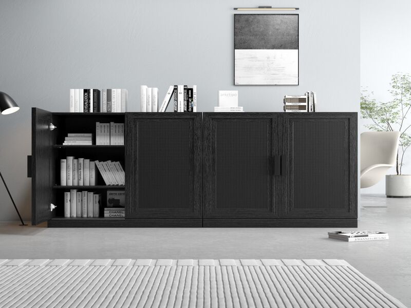 2-Piece Modern Minimalist Wicker Door Wood Grain Edge Cabinet, Multifunctional Storage with 3 Layers of Shelves