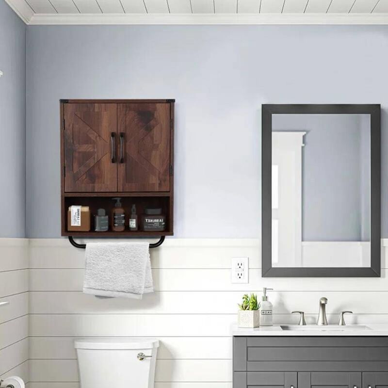 Hivvago Farmhouse Bathroom Wall Cabinet with Towel Bar in Brown Wood Finish