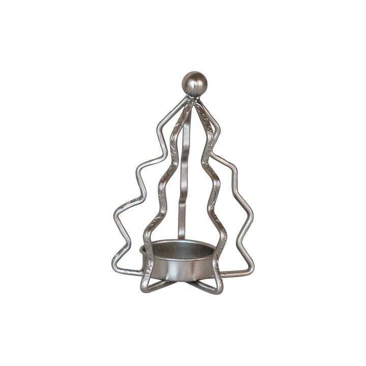 Compact Metal Tree Shaped Tealight Holder, Silver Finish