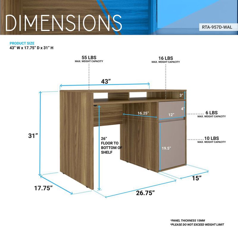 Techni Mobili Home Office Workstation with Storage, Walnut